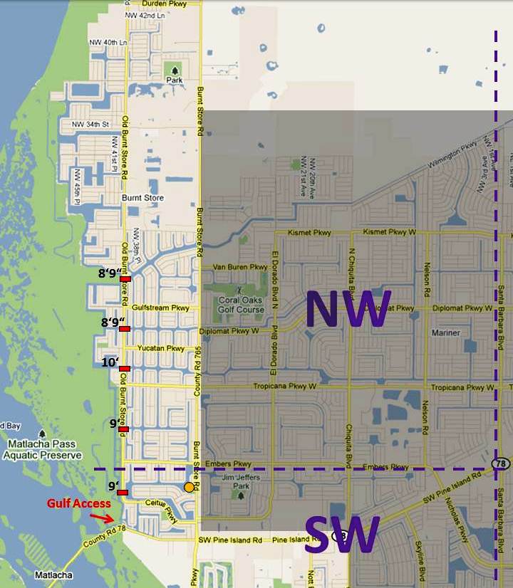 Map of Cape Coral showing the canal system, gulf access canals, freshwater canals, bridges, bridge heights, boat ramps and lifts, boat lock Picture 1 Bridge_Heights_Map_North_Cape_Coral