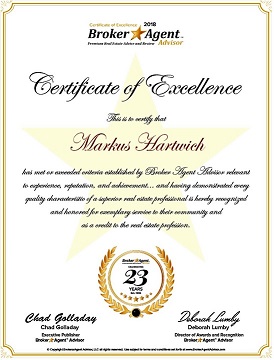 Bild eines Zertifikates für exzellente Leistungen auf Markus Hartwich ausgestellt in 2018