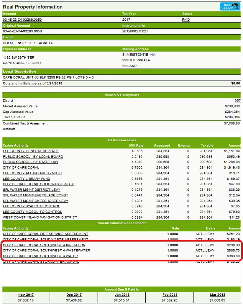 Picture of a tax bill of a Cape Coral property showing the amounts for the assessments