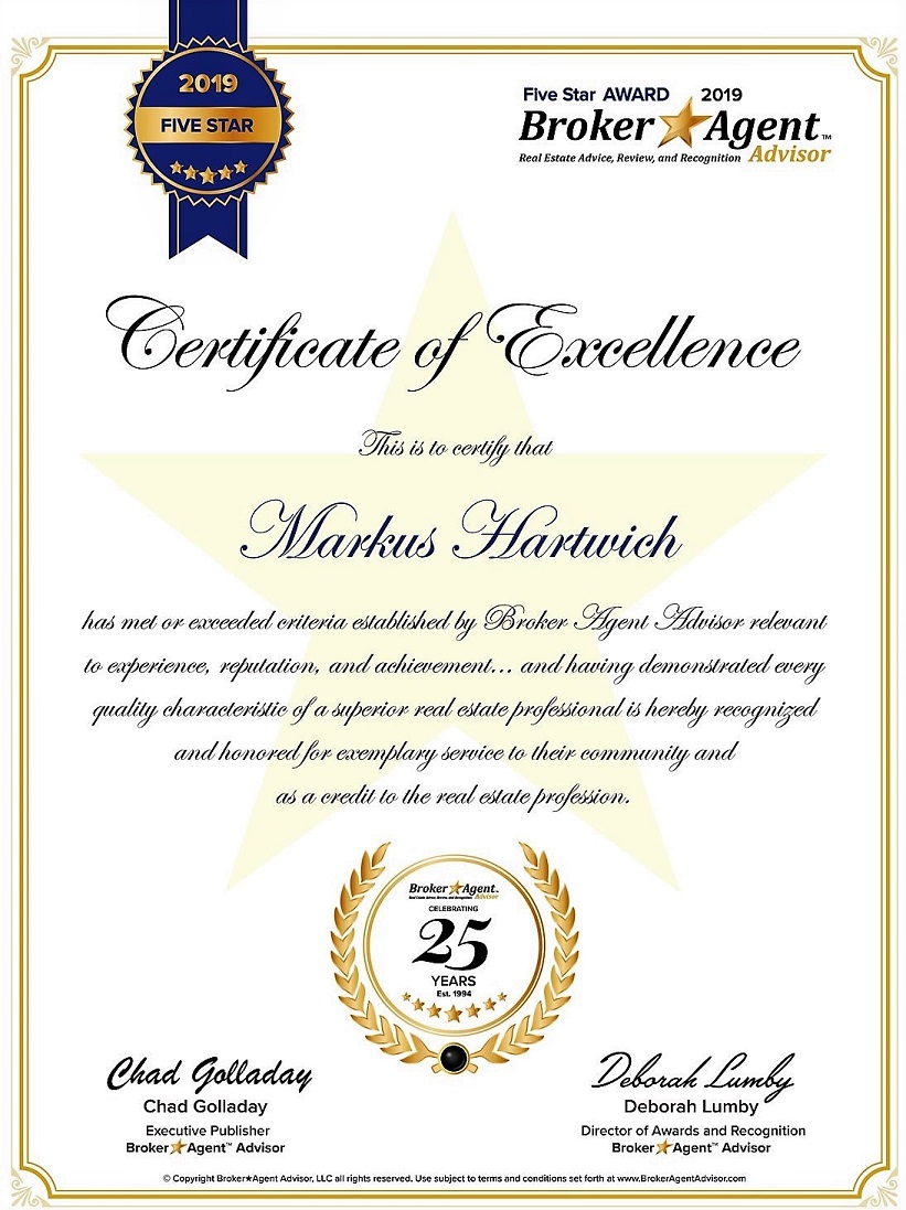 Picture showing a Certificate of Excellence for 2019 naming Markus Hartwich