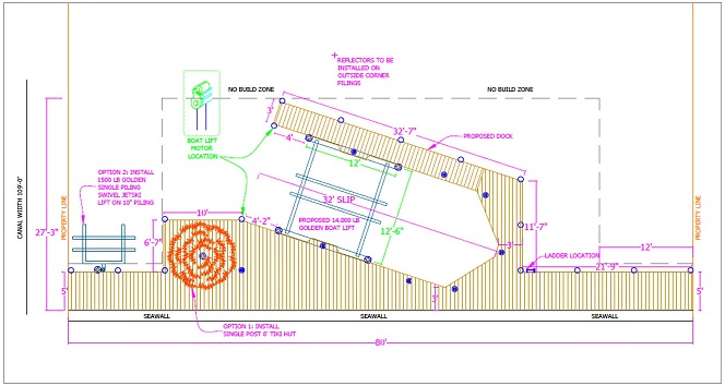 Bild einer CAD-Zeichnung eines Bootsdocks mit Tiki Hut und Captains Walk