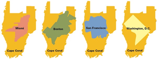 Bild der Gegenüberstellung der Grösse der Stadt Cape Coral im Vergleich zu anderen amerikanischen Grossstädten