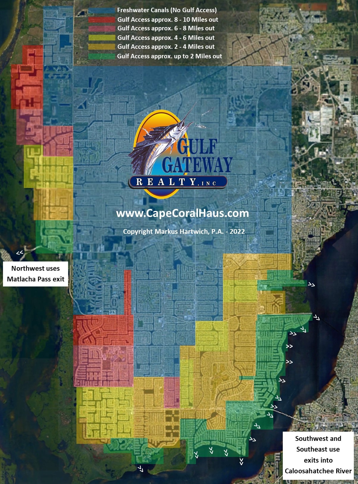 Cape Coral Map for Boating Distances Gulf Access to Open Water