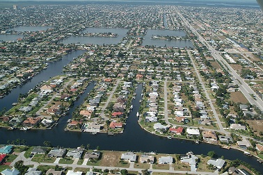 Picture of Cape Coral Florida from the air showing all its canals and homes